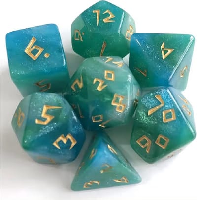 Lapi Toys - Dungeons and Dragons dobbelstenen - DnD Dice - Polydice - Dobbelstenen Dungeons Dragons - D&D dobbelstenen - DnD Dice Set - 1 set (7 stuks) - Acryl - Groen - Blauw