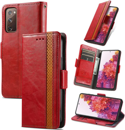 Stijlvol Tweekleurig PU-leer Wallet Flip Case + PMMA Screenprotector voor Galaxy S20 FE _ Rood