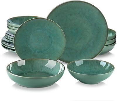 Luxe Serviesset – 16 delig – 4 persoons – Aardewerk - Bordenset – Dinner platen – Dessertborden - Kommen - Pastabord - Groen