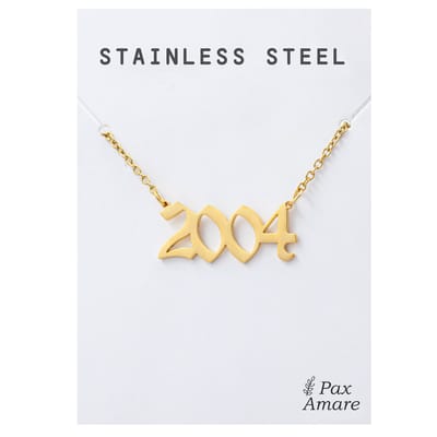 Jaartal 2004 Ketting Goudkleurig - Stainless Steel - Sieraad op Cadeau Kaartje - Jaar Hanger - Pax Amare