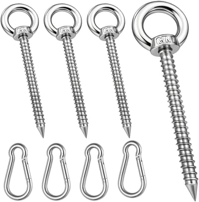 Set van 4 M8 Oogschroeven met 4 Platte Haken, Roestvrijstalen Oogschroeven voor Hangmatten, Zonneschermen en Schommels, M8 x 80 mm met Houten Draad