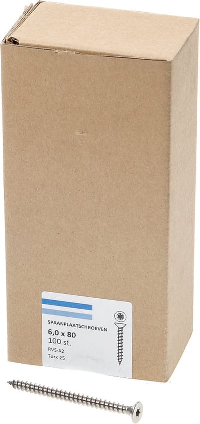 Hoenderdaal Spaanplaatschroef RVS platverzonken kop TX25 voldraad 6.0X80 (per 100 stuks)
