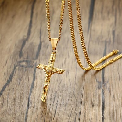 Vnox Kruis Ketting voor Mannen Vrouwen, Katholicisme Jezus Hanger, Goudkleurig Roestvrij Staal Unisex Ketting, Kerk Gebed Geloof Sieraden 45cm