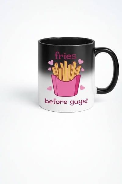 Magische Mok 'Fries Before Guys!' | Hittegevoelige Koffiemok met Grappige Roze Friet Opdruk | Cadeau voor Vriendin