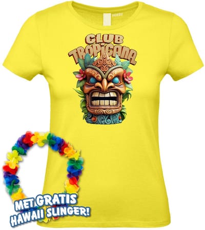 Dames t-shirt Tiki Masker | Toppers in Concert 2024 | Club Tropicana | Hawaii Shirt | Ibiza Kleding | Lichtgeel Dames | maat XS