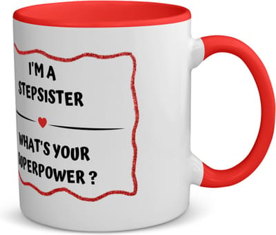 Akyol - i'm a stepsister what's your superpower? koffiemok - theemok - rood - Zus - super stiefzus - verjaardag - cadeautje voor zus - zus artikelen - kado - geschenk - 350 ML inhoud