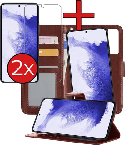Hoesje - 2 in 1 - Geschikt voor Samsung Galaxy S22 - Met 2x Screenprotector - En Uitneembare Hard Cover - Kunstleer - Bookcase - Wallet Case - Met Pasjeshouder - Book Case - Uitneembaar - Pashouder - Kunstleer - Telefoonhoes - Bruin