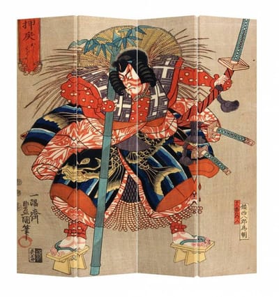 Fine Asianliving Japans Kamerscherm Oosters Scheidingswand B160xH180cm 4 Panelen Japanse Samurai Minamoto no Tametomo