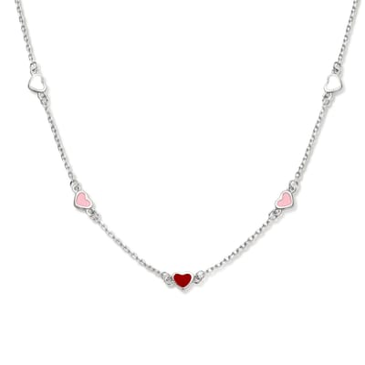 YO&NO Ketting Hartjes - Dames - Emaille - 41+3cm - Rood - Roze - Wit - Sieraden Vrouw - Zilver 925