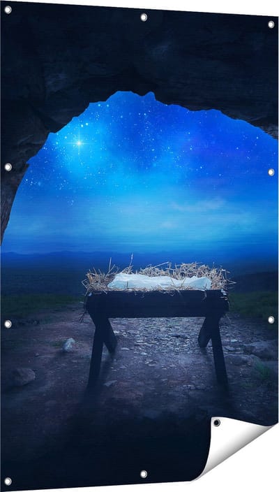 Gards Tuinposter Kribbe in een Grot onder de Ster van Bethlehem - 80x120 cm - Tuindoek - Tuindecoratie - Wanddecoratie buiten - Tuinschilderij