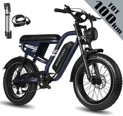 Maxtron MX10 Elektrische Fiets – 648Wh Accu – Actieradius tot 100 km – 20×4.0 Inch Fatbike Banden – Dubbele Verende Voorvork (Aluminium/Staal) – Shimano 7 Versnellingen – Mechanische Schijfremmen – Stadsfiets – Max. Belastbaar 120 kg – Blauw
