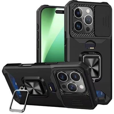 Zwart telefoon hoesje geschikt voor iPhone 17 Pro – robuuste backcover case dames en heren – schokbestendig ontwerp met metalen standaard en kaarthouder