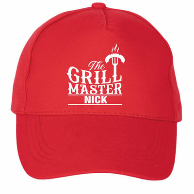 Mijncadeautje - 5 panel - BBQ Cap - Verstelbaar - Pet van 100% dik geborsteld katoen- unisex - opdruk wit - GRill Master - met voornaam - Rood
