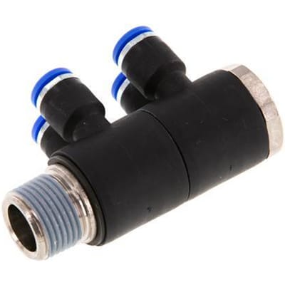 6mm x R3/8'' 4-way Manifold Messing/PA 66 Insteekfitting Buitendraad Draaibaar NBR