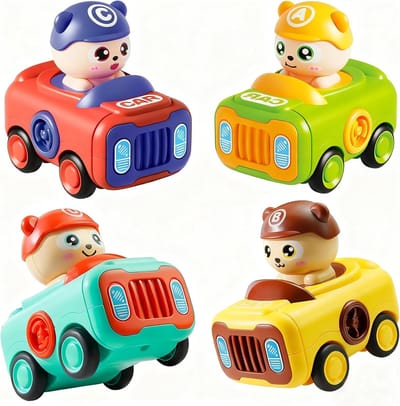 4 Stuks Druk & Ga Cartoon Bestuurder Wrijvingsauto Speelgoed voor Peuters - Schattige ABCD Letter Mini Raceauto Speelset - BPA Vrij Montessori Vroegonderwijs Duwauto's voor 1 2 3 Jaar Oude Jongens Meisjes Baby Cadeau