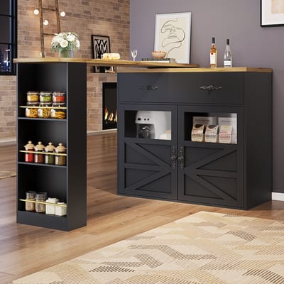 Uitschuifbare barkast met opbergruimte (138-204×39×104cm), 360° draaibare eettafel, moderne beweegbare bartafel, keukeneiland hogere tafel, bistrotafel, zijbuffetkast met planken, zwart
