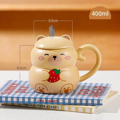 Tasse en forme d'animal de dessin animé pour Fufu au lait avec couvercle et cuillère Mignonne Tasse à lait pour petit déjeuner à la maison Tasse à eau en céramique pour bureau 400ml