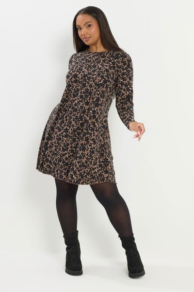 Yours Bruine Geribbelde Tuniek Met Luipaardprint Size 42