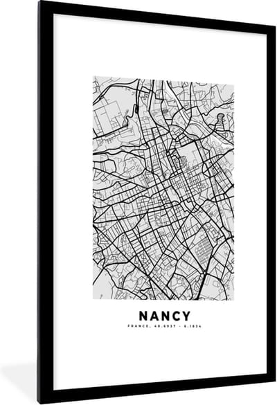 Fotolijst incl. Poster - Stadskaart - Frankrijk - Kaart - Nancy - Plattegrond - 60x90 cm - Posterlijst