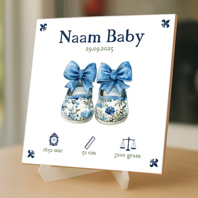 Gepersonaliseerde Baby Tegeltje – Met Naam, Geboortedatum, Gewicht, Lengte en Tijd – Blauwe Schoentjes