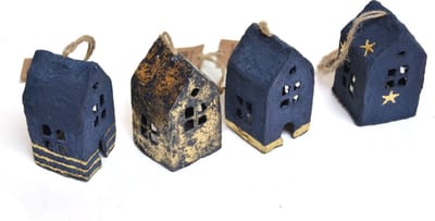 FLOZ kersthanger huisjes - volle kleur blauw met gouden details - set van 4 - papier-maché - fairtrade