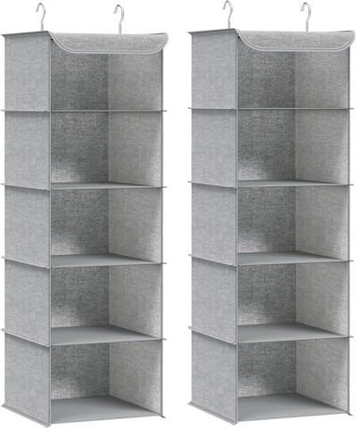 SONGMICS - Hangrek - Hangorganizer 2 Stuks - Opvouwbaar en Ruimtebesparend - Met Metalen Haken en Bamboe Inzetstukken