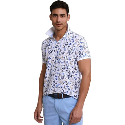 River Woods Custom Fit Cotton-linen Floral Polo White Size: S | Polo Shirts Outlet | Heren | Blauw