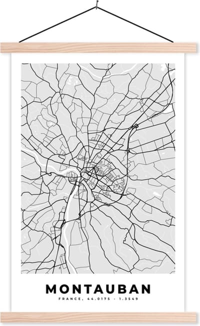 Posterhanger incl. Poster 40x60 cm - Schoolplaat - Frankrijk - Montauban - Stadskaart - Plattegrond - Kaart - Textielposter - Blanke latten - Stadskaart