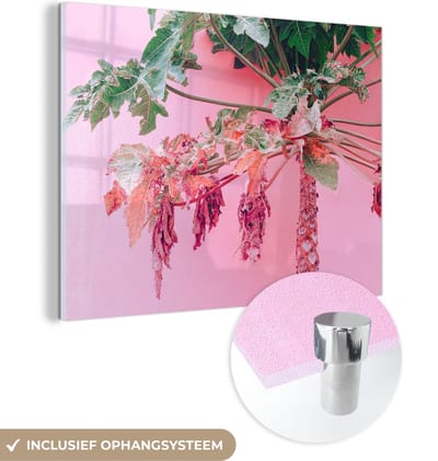 MuchoWow® Glasschilderij 40x30 cm - Schilderij acrylglas - Palmboom - Tropisch - Roze - Zomer - Foto op glas - Schilderijen