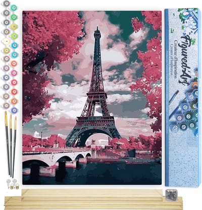 Figured'Art Schilderen op Nummer Volwassenen canvas Eiffeltoren in lenteroze kleuren - Handwerk acrylverf Kit DIY Compleet - 40x50cm met DIY houten lijst