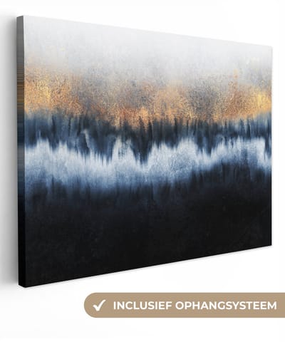Canvas schilderij 40x30 cm - Wanddecoratie Abstract - Goud - Luxe - Blauw - Muurdecoratie woonkamer - Slaapkamer decoratie - Kamer accessoires - Schilderijen op canvas