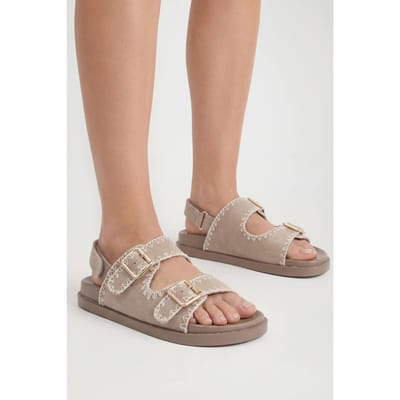 boohoo Dames Brede Pasvorm Faux Suede Sandalen Met Contrasterende Stiksels | Taupe | Maat: 41