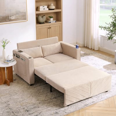 MIVRAY Slaapbank 134 x 195 cm - 3-in-1 2-Zits Met Uitschuiffunctie En USB-Oplaadpoorten - Voor Woonkamer Of Logeerkamer - Stof Beige