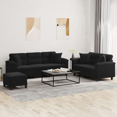 vidaXL - 3-delige - Loungeset - met - kussens - microvezelstof - zwart