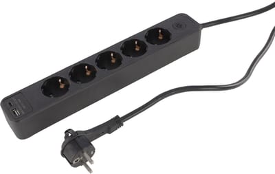 Q-Link stekkerdoos - 5-voudig - randaarde - met platte stekker - USB A/C - 3 x 1.5 mmÃ‚Â² - 1.5 m - zwart