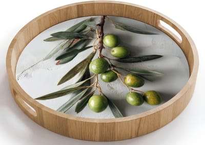 Dienblad rond 40x40 cm - Schootdienblad hout - Olijventak - Beton - Mediterraan - Borrelplank rechthoek - Plateau houten dienbladen