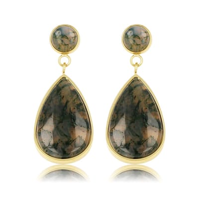 My Bendel - Goudkleurige Oorbel met Moss Agate Druppel Hanger - met Luxe Cadeauverpakking | Sieraden Voor Dames