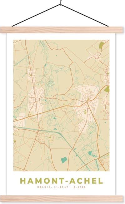 Posterhanger incl. Poster 40x60 cm - Schoolplaat - Kaart - Plattegrond - Vintage - Stadskaart - Hamont-Achel - Textielposter - Blanke latten - Stadskaart