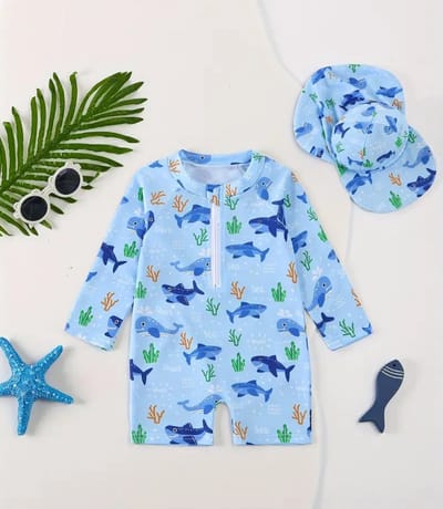 Zwempak UV baby - UV zwempak baby 1 jaar - Zwemset UV - Zwempak lange mouwen - Zwemonesie - Walvissen print - Zwempak blauw - Zwempak - Badpak - Maat 80 - Zwempak met zonnehoedje - Zwemset UV peuter