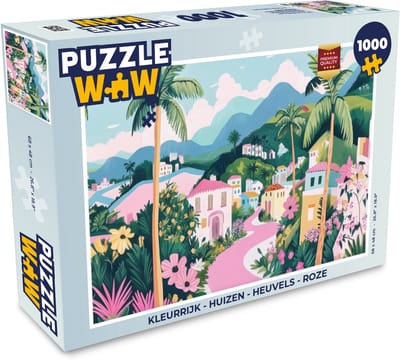 Puzzel Kleurrijk - Huizen - Heuvels - Roze - Legpuzzel - Puzzel 1000 stukjes volwassenen