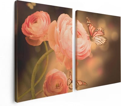 Artaza Canvas Schilderij Tweeluik Twee Roze Vlinders Bij Roze Rozen - 120x80 - Foto Op Canvas - Canvas Print