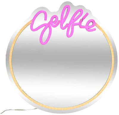 Atmosphera Neon Wandspiegel Selfie - LED - rond - roze - oplaadbaar - D35 cm - decoratie spiegel