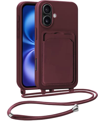 Hoesje Geschikt voor iPhone 16 Plus Hoesje Met Telefoonkoord en Pasjeshouder Siliconen - Hoes Geschikt voor iPhone 16 Plus Hoesje Met Kaarthouder Case - Aubergine