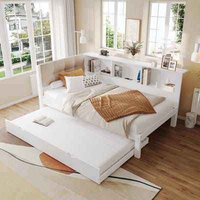 DESMIU Daybed 90x200 cm – Eenpersoonsbed Met Uitschuifbed, Ledverlichting En Usb – Zijrek Voor Kinderkamer Of Logeerkamer – Grenenhout En Mdf – Zonder Matras – Wit