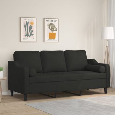 vidaXL - Driezitsbank - met - sierkussens - 180 - cm - stof - zwart