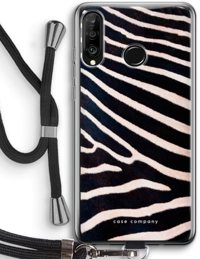 Case Company® - Hoesje met koord geschikt voor Huawei P30 Lite hoesje met Koord - Zebra - Telefoonhoesje met Zwart Koord - Bescherming aan alle Kanten en Over de Schermrand