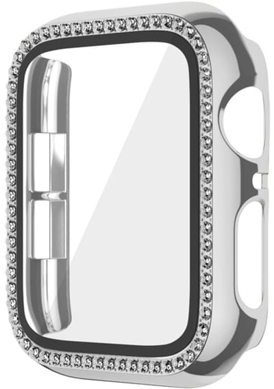 Watch case screenprotector - hoesje - gehard glas - geschikt voor Apple Watch Series 7/8/9 met case size 45 mm - glittersteentjes - zilver