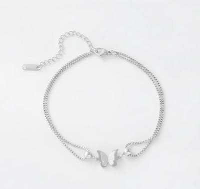 Zilverkleurig enkelbandje voor dames met vlinder hanger – dubbele schakel enkelketting – verstelbare lengte 21+5 cm – elegante sieraden