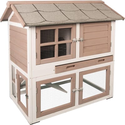 Konijnenhok met ren – Groot konijnenhok voor buiten met 2 verdiepingen en nachthok – 98x64x102 cm – Flamingo Konijnenhok Snug Urban Bruin