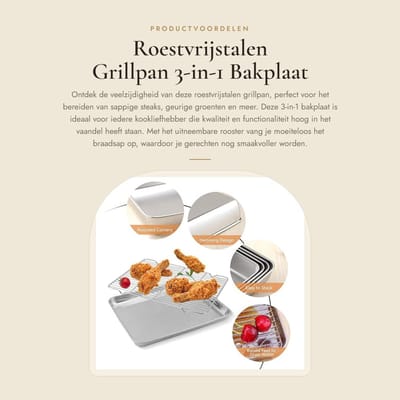 Dailygoods- Braadpan Roestvrij Staal 3-in-1 - Grillpan - Grillmand - Ovenschaal met Rooster - Vetpan - Perfect voor Makkelijk Grillen